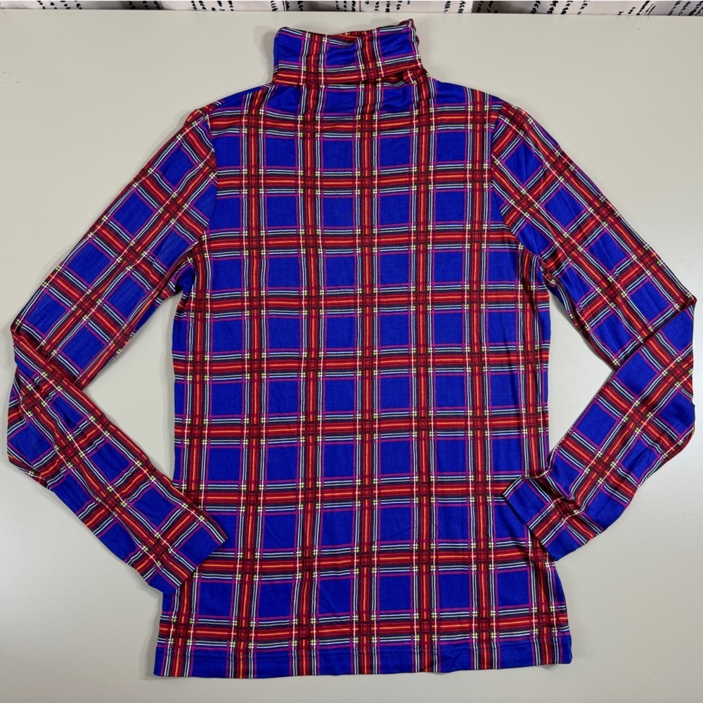 WinterSilks Blue and Red Plaid Turtleneck Top
